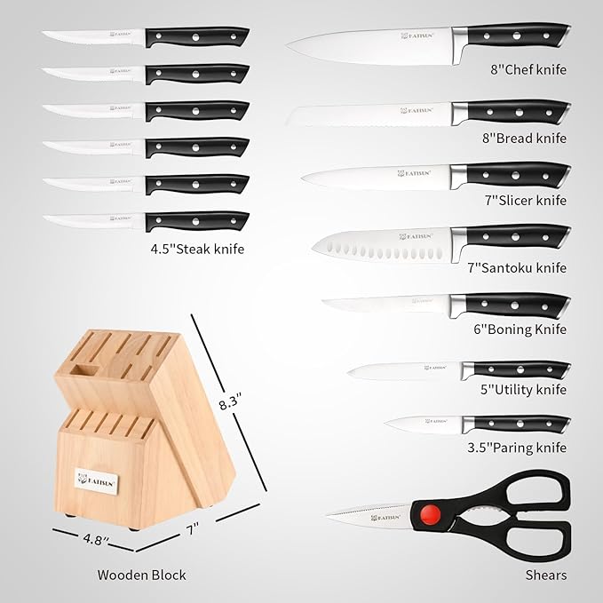Knife Sets 15 Pieces for Kitchen with Block, German Stainless Steel Kitchen Knife Set, ABS Ergonomic Handle Chef Knives, and Shears for Chopping, Slicing and Cutting