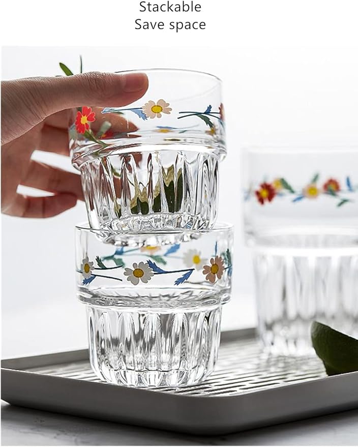 Set of 2 Floral Drinking Glasses Flower Glass Coffee Cups Cute Daisy Glass Cups for Juice,Iced Coffee,Tea,Latte,Dessert,Milk,Stackable Glassware Drinkware Set ﻿(blue1)
