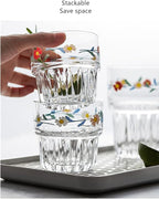 Set of 2 Floral Drinking Glasses Flower Glass Coffee Cups Cute Daisy Glass Cups for Juice,Iced Coffee,Tea,Latte,Dessert,Milk,Stackable Glassware Drinkware Set ﻿(blue1)