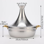 Moroccan Tagine Cooking Pot,Stainless Steel Non Stick Moroccan Casserole with 2 Handles,Large Moroccan Cooker Handmade Tagine Pot with Cone-Shaped Lid(25cm, Silver)