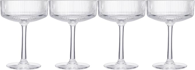 Khen Vintage Art Deco Shatterproof Coupe Martini, Champagne & Cocktail Glasses | Set of 4 | Acrylic Ribbed Glasses 8 oz Ripple Glassware Classic Cocktail Glassware Indoor & Outdoor, European Design