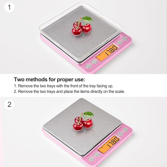 0.01g High Precision Kitchen Food Scale, Diyife 500g Portable Digital Scale with LCD Display, Tare, Multifunctional Gram Scale Weight for Cooking, Baking, Jewelry, 2 Tray, Batteries Included, Pink