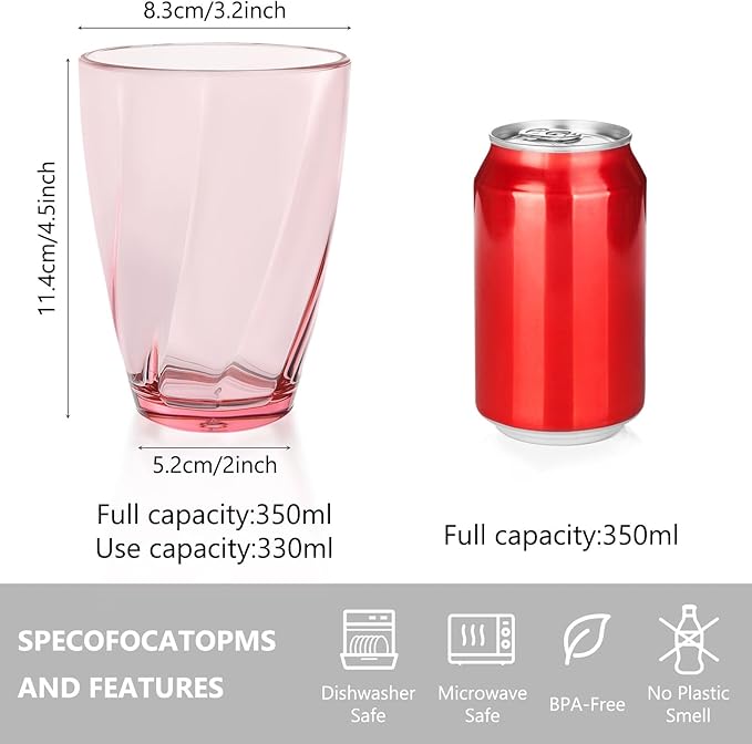 Topsky 12-ounce Plastic Water Tumblers | Set of 4 Colorful Unbreakable Drinking Glasses Clear Acrylic Reusable Juice Wine Cups for Home Picnic Party, Dishwasher Safe,Stackable