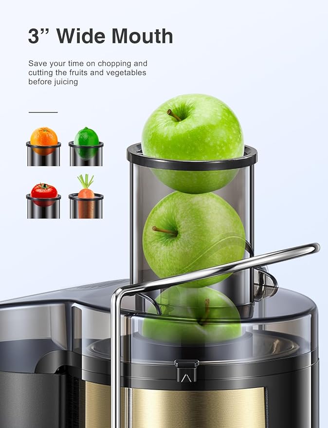Juicer Machine, 800W Centrifugal Juicer Extractor with Wide Mouth 3” Feed Chute for Fruit Vegetable, Easy to Clean, Stainless Steel, BPA-free (Gold)