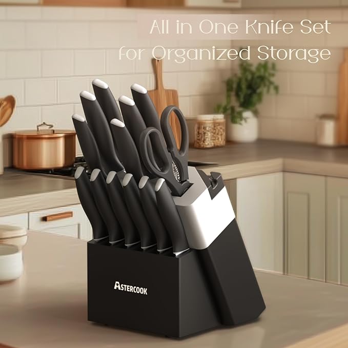 Astercook Knife Set, Kitchen Knives with Block and Sharpener 15 Pcs German Stainless Steel Knives Sharp Blade Dishwasher Safe Deba Knives with Ergonomic Handle, Elegant Black
