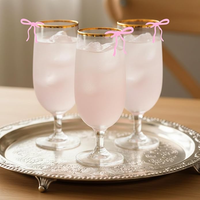 20 Pcs Pink Bow Drink Markers, Coquette Bow Wine Glass Charms, Bar Tools Bow, Acrylic Bow Knot Drink Tag for Wedding Engagement Bachelorette Birthday Tasting Party Decorations Accessory
