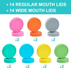AOZITA [ 28 Pack ] Plastic Mason Jar Lids Fits Ball, Kerr & More - 14 Wide Mouth & 14 Regular Mouth - Colored Storage Caps for Canning Jars, Dishwasher Safe & Food Grade