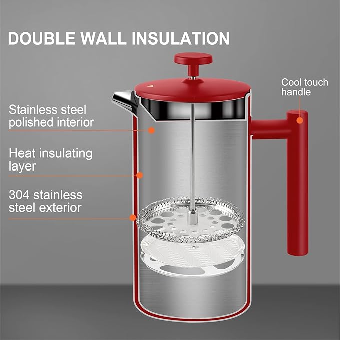Secura French Press Coffee Maker, 304 Grade Stainless Steel Insulated Coffee Press with 2 Extra Screens, 34oz (1 Litre), Red