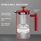 Secura French Press Coffee Maker, 304 Grade Stainless Steel Insulated Coffee Press with 2 Extra Screens, 34oz (1 Litre), Red