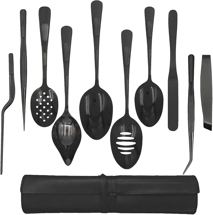 Professional Chef Tools | Plating Tools Culinary Set | Piece Culinary Tool Set | Premium Stainless Steel Chef's Plating Tool Set | Kitchen Tweezers & Fish tongs & Spatula & Slotted Spoon (Black) (10)