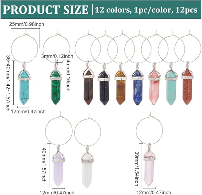 BENECREAT 12 Sets Wine Glass Charms, Gemstone Identifier Tags Drink Markers Tags with Pendant and Hoop for Cocktail Champagne Wedding Birthday Wine Tasting Party Decoration