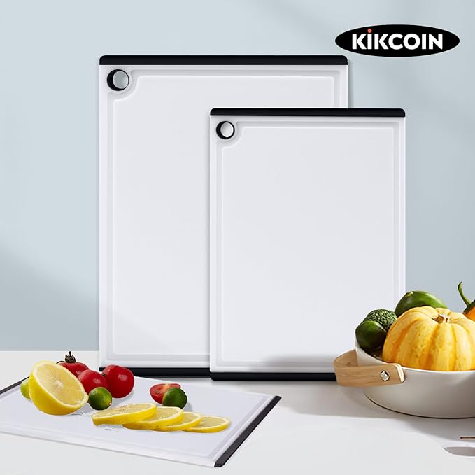 Kikcoin Plastic Cutting Boards for Kitchen, 3-Piece Large Cutting Board Set Dishwasher Safe Chopping Boards with Non-slip Feet and Juice Grooves, White
