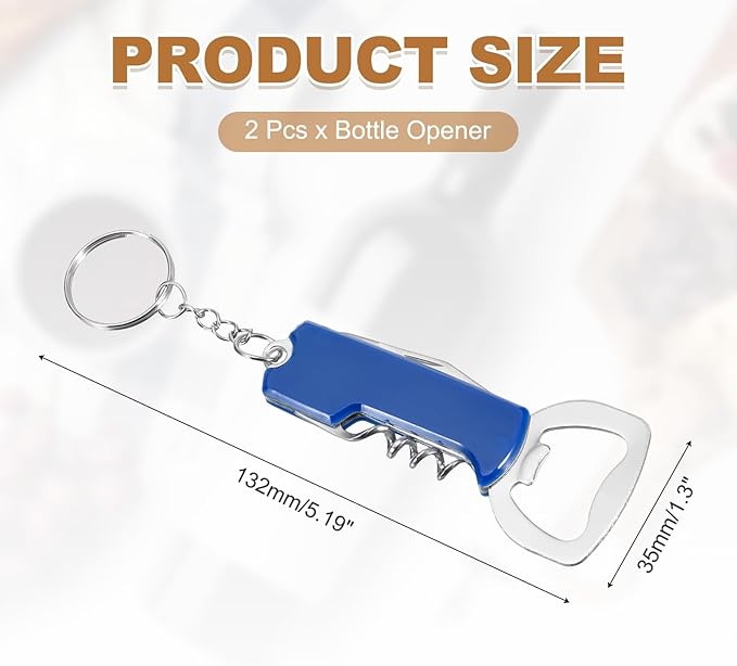 uxcell 2 Pcs Wine Opener, Bottle Opener Keychain, Durable Stainless Steel Waiter's Corkscrew, Compact All-In-One Home Bar Tool for Bar, Party, Wedding, Home, Travel, Blue