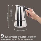 9 Cup 450ml Moka Pot Stainless Steel Espresso Coffee Maker Stovetop Coffeemaker Italian Classic Style Brewing Greca Cafe Mocha Machine for Cafeteras Lover Camping Travel and Home Use 15oz