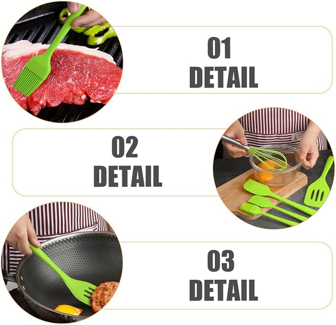 ARTIBETTER 5pcs Green Silicone Kitchen Utensil Set Including Spatula, Shovel, and Egg Whisk for Baking and Cooking Tools
