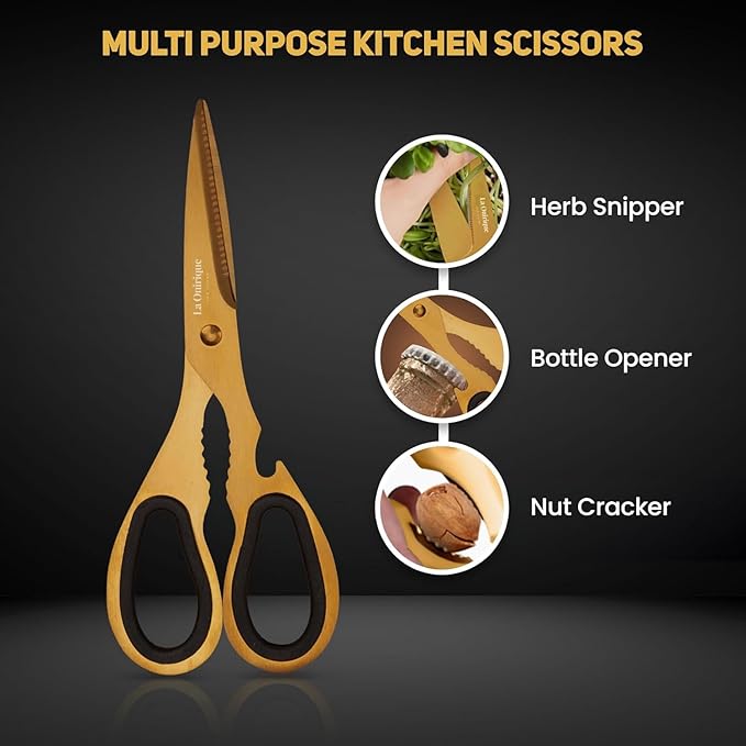 Luxury Black & Gold Kitchen Knife Set with Block & Rod Sharpener – 8-Piece Titanium-Coated Stainless Steel Knives, Ultra Sharp Chef Knife Set, Ideal Knives Set for Kitchen