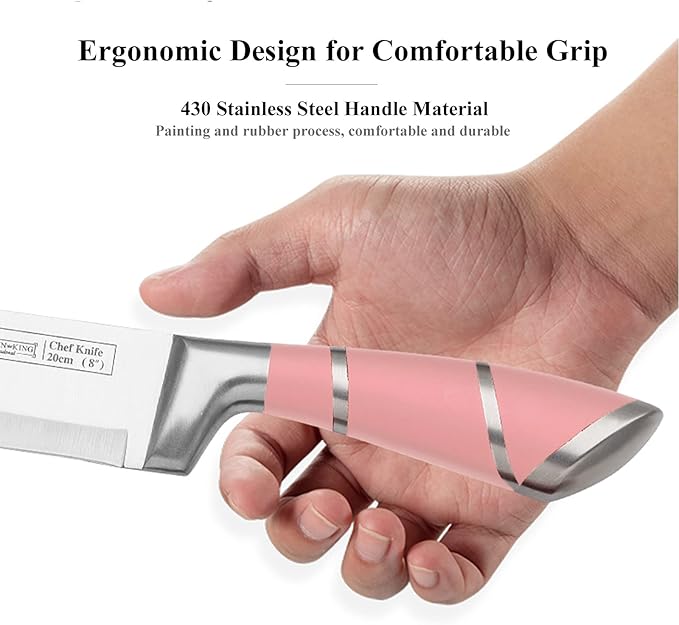 Pink Kitchen Knife Set, 9-Piece - Non-Stick, Sharp, High Carbon Stainless Steel Knives with Acrylic Block - Perfect for Meat Slicing, Chopping - Ideal Kitchen Gifts for Women