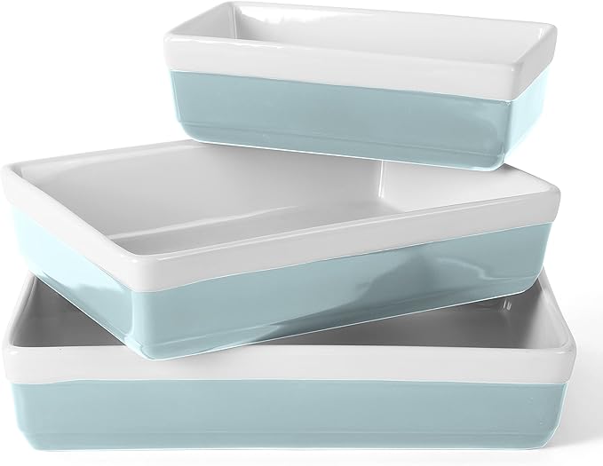MARTHA STEWART 3-Piece Oven to Table Stoneware Bakeware Set – Baking Dish & Casserole Set – Dusty Blue – Durable Oven-Safe Bakeware for Baking and Serving
