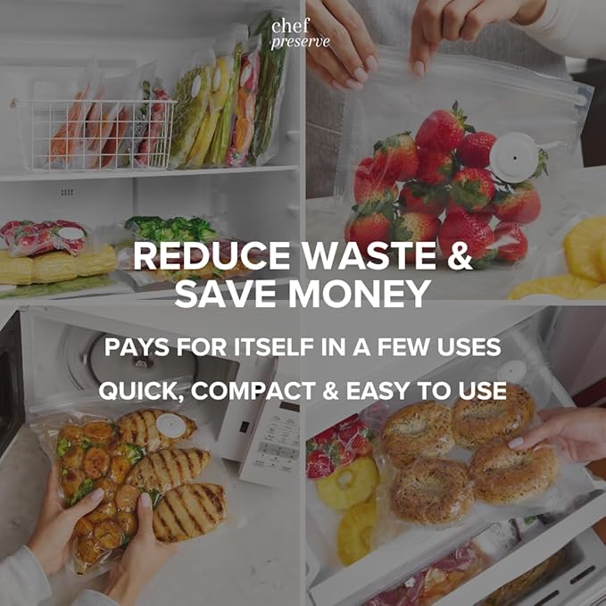 Chef Preserve Reusable Vacuum Sealer Bags for Food – 30 BPA-Free Medium (10 x 11 in) Food Storage Bags, Freezer, Microwave – Odor-Resistant, Leak-Proof – Compatible with Chef Preserve Vacuum Sealers