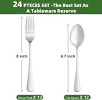 24 Pcs Forks and Spoons Silverware Set, Food Grade Stainless Steel Flatware Cutlery Set for Home, Kitchen and Restaurant, 12 Dinner Fork(8") and 12 Teaspoon(6.7"), Mirror Polished, Dishwasher Safe