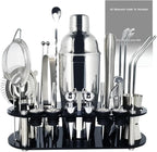 Cocktail Shaker Set, 24oz Cocktail Shaker 21-Piece Stainless Steel Bar Tools Bartending Kit with Black Acrylic Stand Cocktail Recipes Booklet for Drink Mixing, Home, Bar, Party (Stainless Steel)