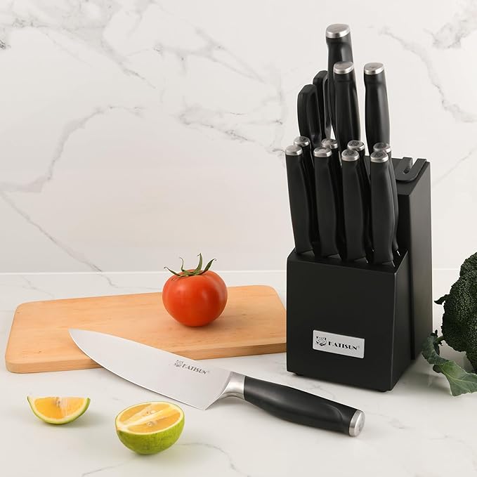 15-Piece Kitchen Knife Set with Block, ABS Ergonomic Handle for Chef Knife Set and Serrated Steak Knives Knife Sharpener and Kitchen Shears, Dishwasher Safe, Black Block