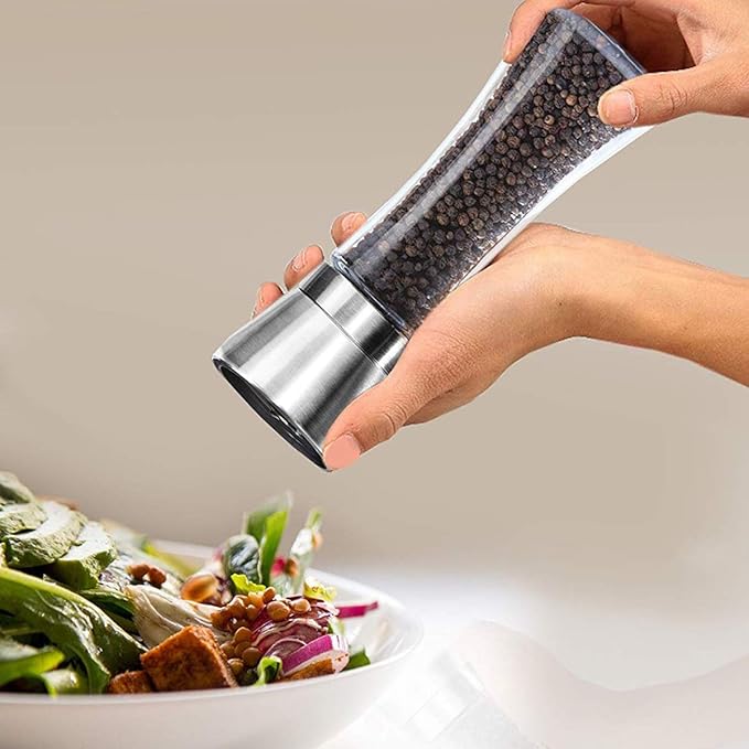 Pepper Grinder or Salt Grinder, Best Spice Mill with Ceramic Blades, Adjustable Coarseness, Brushed Stainless Steel Cap, and Refillable Tall Glass Body with 6OZ Capacity (7.5")