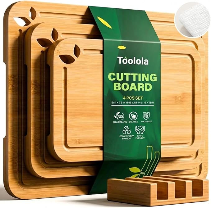 Bamboo Cutting Boards for Kitchen with Holder & Silicone Mat, Lightweight & Knife-Friendly Wood Cutting Board Set with Side Handles and Juice Grooves, Natural