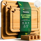Bamboo Cutting Boards for Kitchen with Holder & Silicone Mat, Lightweight & Knife-Friendly Wood Cutting Board Set with Side Handles and Juice Grooves, Natural