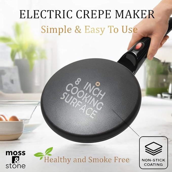 Moss & Stone Electric Crepe Maker – 8” Portable Crepe Pan Nonstick with Dipping Plate, Auto Shut-Off, On/Off Switch, Even Heating & One Automatic Temperature Control – Compact Crepe Maker