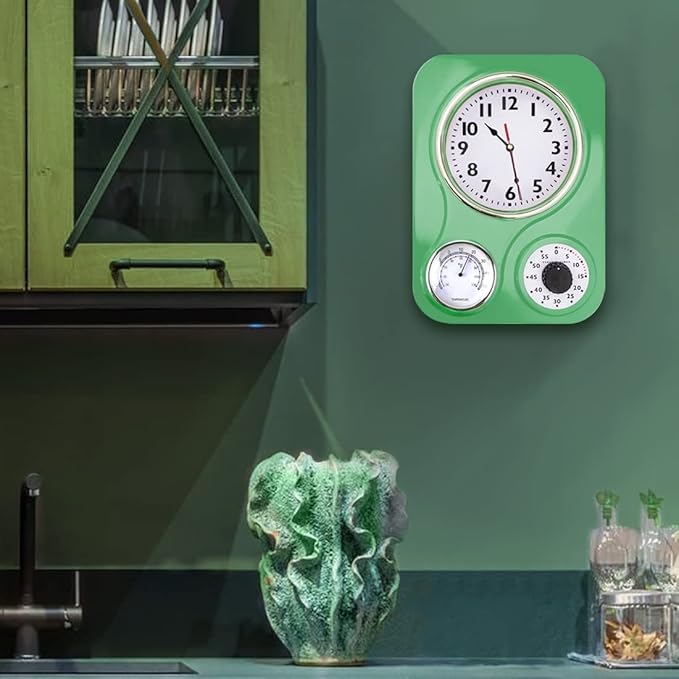 Lily's Home -9.5 Inch x 12.5 Inch - Retro Kitchen Wall Clock, Vintage Wall Clock with a Thermometer and 60-Minute Timer, Ideal for Any Kitchen, Office, or Diner (Retro Green)