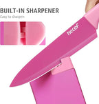 hecef 15 Pieces Kitchen Knife Set with Built-in Sharpening Wooden Block, Dishwasher Safe, High Carbon Stainless Steel Knife Block Set with Steak Knives, Kitchen Scissors, Hot Pink
