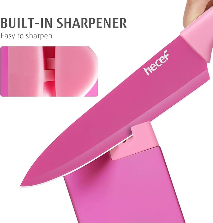 hecef 15 Pieces Kitchen Knife Set with Built-in Sharpening Wooden Block, Dishwasher Safe, High Carbon Stainless Steel Knife Block Set with Steak Knives, Kitchen Scissors, Hot Pink