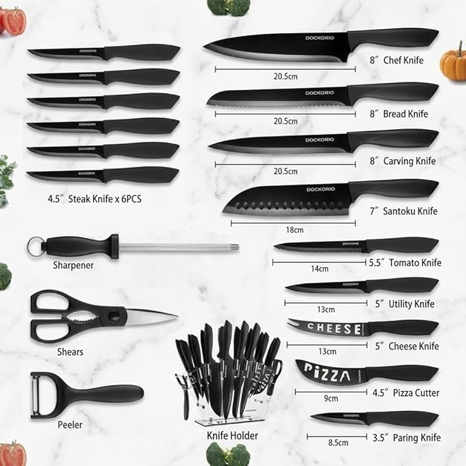 Kitchen Knife Set with Block, 19 PCS High Carbon Stainless Steel Sharp includes Serrated Steak Knives Set, Chef Knives, Bread Knife, Scissor, Sharpener, all in one