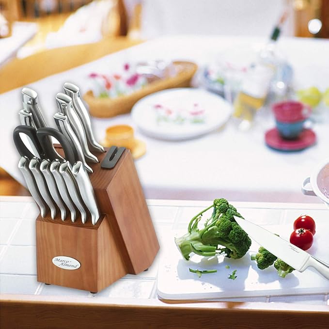 Marco Almond® Knife Block Set, KYA26 Knife Set with Block, 14 Pieces Stainless Steel Chef Kitchen Knives with Built-in Sharpener