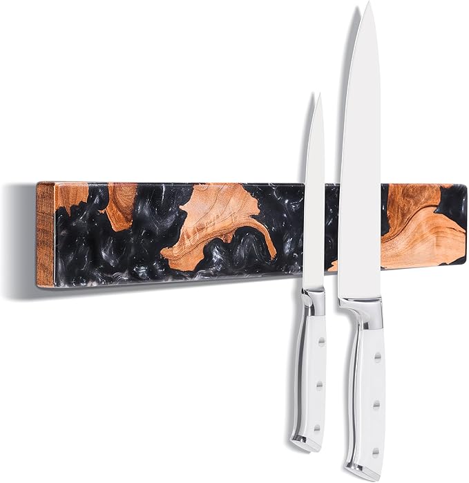 ENOKING Magnetic Knife Holder for Wall 16 Inch, Acacia Burl Wood & Black Resin Magnetic Knife Strip Bar, Powerful Magnet Kitchen Knife Storage Rack, Space-Saving Wall Mounted Organizer