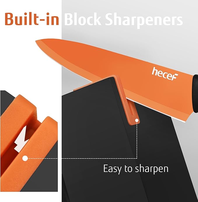 hecef 15 Pieces Kitchen Knife Set with Built-in Sharpening Wooden Block, Dishwasher Safe, High Carbon Stainless Steel Knife Block Set with Steak Knives, Kitchen Scissors (Orange)