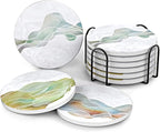 UMIRRO Ceramic Stone Coasters for Drinks Absorbent with Holder | Agate Style Coasters Set with White Marble Texture Background | Cool Cup Mat with Geode Pattern | Unique Fancy Tabletop Protection Mat