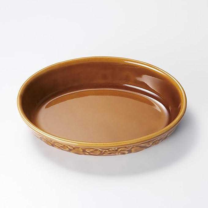 Banko Ware 14339 Oven Safe Relief Au Gratin Dish, Olive, Diameter Approx. 7.5 inches (19 cm), Tableware, Pottery, Microwave Safe, Made in Japan