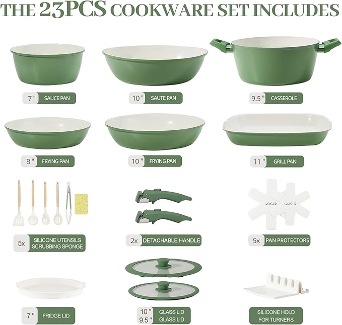 Ceramic Cookware Set 23Pcs Non Stick Pots and Pans Non Toxic with Detachable Handle Induction Kitchen Cookware Set Space Saving, Oven & Dishwasher Safe, Forest Green