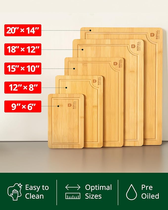 ROYAL CRAFT WOOD Wooden Cutting Boards for Kitchen Meal Prep & Serving - Bamboo Wood Serving Board Set with Deep Juice Groove Side Handles - Charcuterie & Chopping Butcher Block for Meat