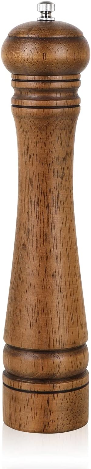 1Pack Wood Pepper Grinder, XWXO 10 Inch Salt Mill Pepper Shaker, Pepper Mill with Adjustable Ceramic Rotor - Oak Wood Pepper Grinder for Your Kitchen