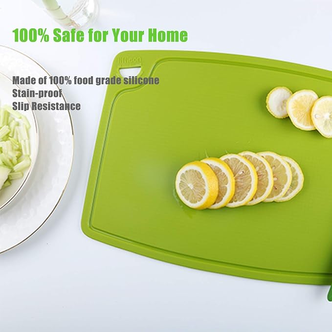 Liflicon Thick Silicone Cutting Board 12.6'' x 9.1'' Juice Grooves Easy Grip Handle Dishwasher Safe-Green