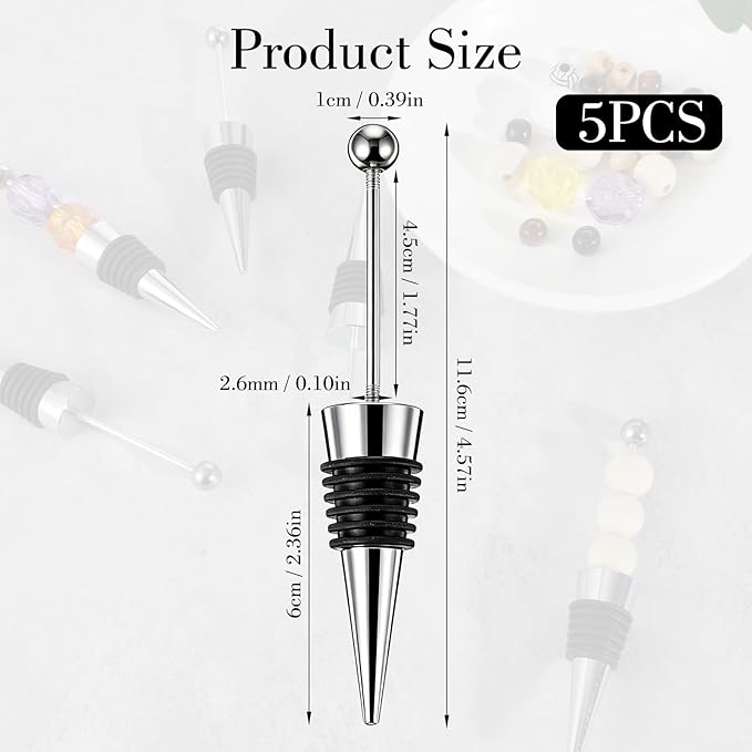 5 Packs Metal Bottle Stopper Kit, Reusable Wine Saver Corks, Stainless Steel Wine Bottle Stopper, Beadable Bottles Cap, Decorative Corkscrew for Wedding Party Bar
