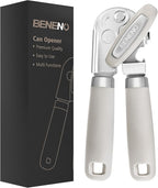 Beneno Heavy Duty Hand Can Opener Manual with Magnet, Durable Sharp Carbon Steel Blade Smooth Cutting, Big Effort-Saving Knob & Soft Grip Handle, Multifunctional Kitchen Tool with Bottle Opener, Beige