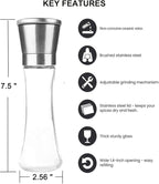 Pepper Grinder or Salt Grinder, Best Spice Mill with Ceramic Blades, Adjustable Coarseness, Brushed Stainless Steel Cap, and Refillable Tall Glass Body with 6OZ Capacity (7.5")