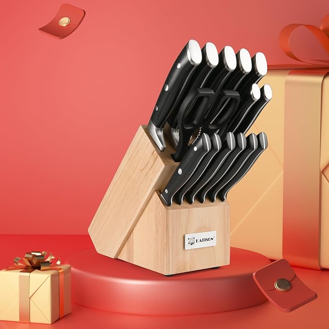 Knife Sets 15 Pieces for Kitchen with Block, German Stainless Steel Kitchen Knife Set, ABS Ergonomic Handle Chef Knives, and Shears for Chopping, Slicing and Cutting