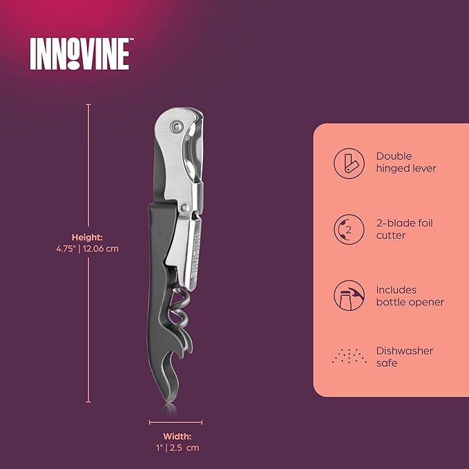 Innovine Double Hinge Corkscrew, Stainless Steel Wine Opener with Dual Leverage and Built-In Foil Cutter, Perfect for Home Bar, Travel, Camping, Picnic, Outdoor Party, Set of 1, Graphite