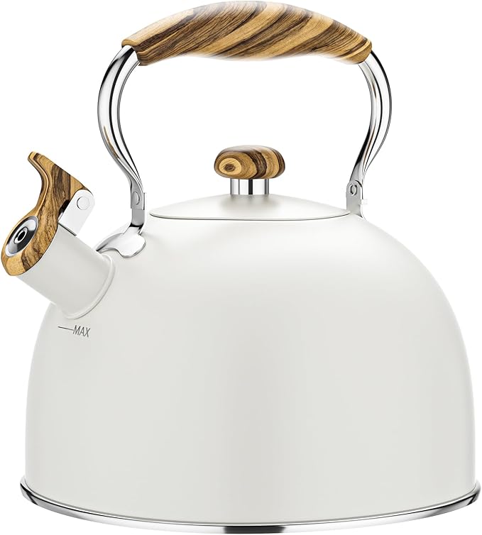 2.6 Quart Tea Kettle Stovetop Whistling for Stove Top, Food Grade Stainless Steel Tea Kettles with Cool Wood Pattern Handle, Cream