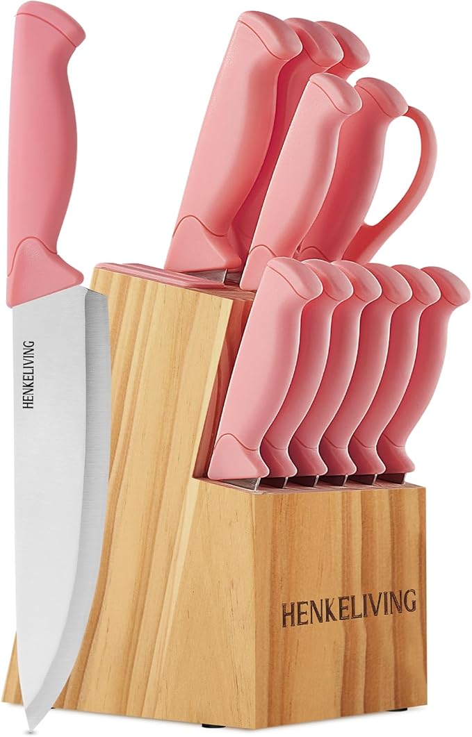 Knife Set, 14-Piece Kitchen Knives Set with Block, Built-in Sharpener, German High Carbon Stainless Steel, Ergonomic Non-Slip Handles, Peach Pink